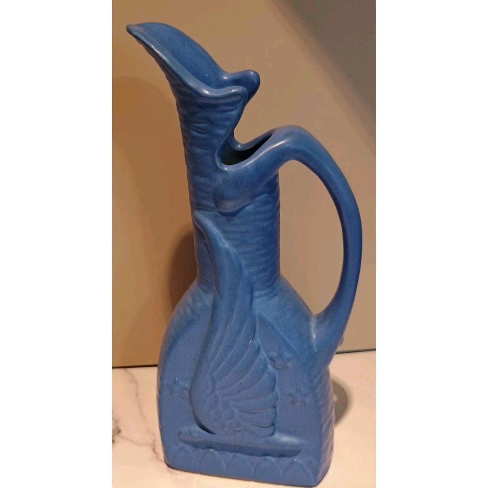 Vintage NILOAK Pottery Matte Blue Cornflower Pitcher Flying Eagle/Stars